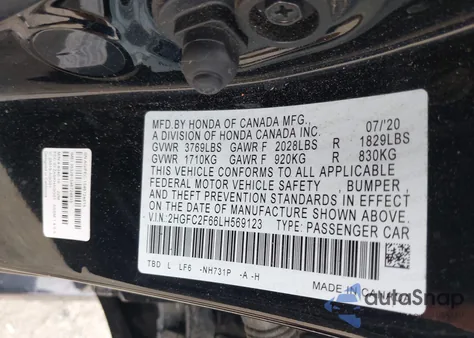 2020 Honda Civic Lx z USA, uszkodzony, nr VIN 2HGFC2F66LH569123